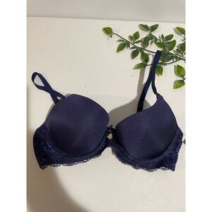 Versace 32B Navy Blue Push-Up Balconet Bra With Lace Accents And Adjustable Stra